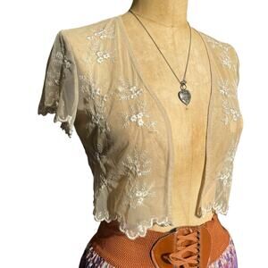Lace Embroidered Fairy Ethereal Short Sleeve Open Bolero Cream Floral Size S